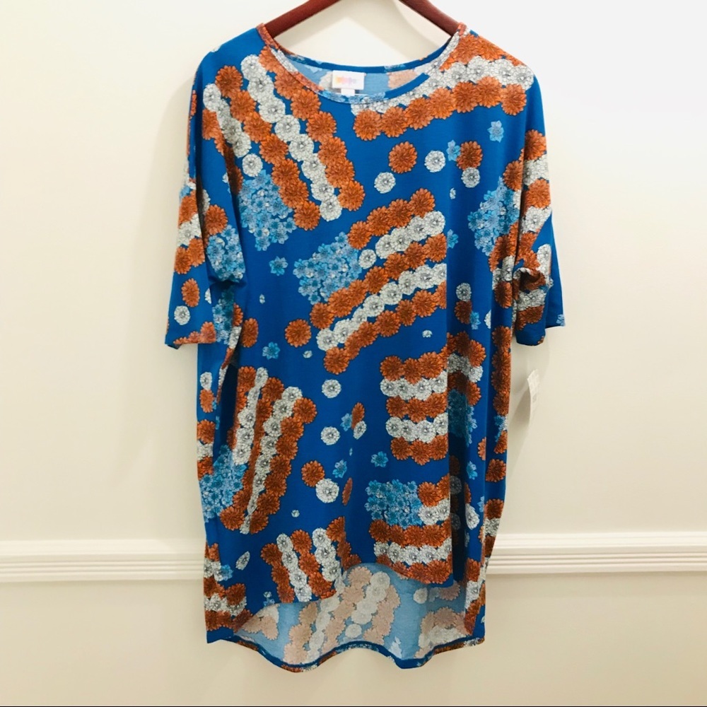 NWT Lularoe Irma Tunic Large American Flag blue white flowers floral - Picture 1 of 8